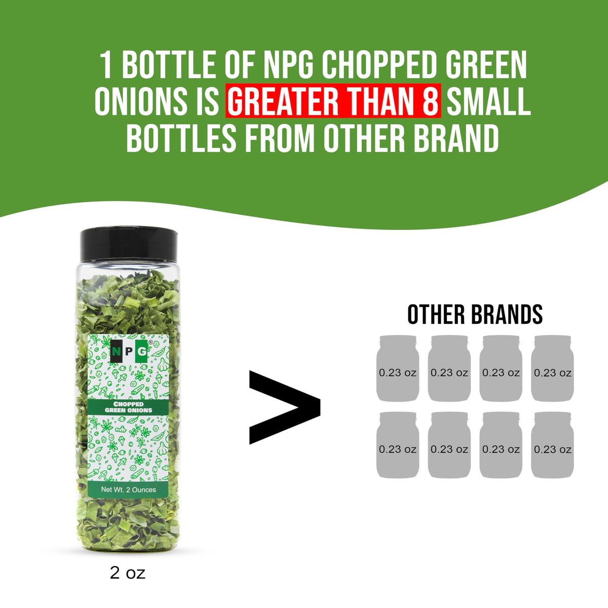 NPG green onions flakes pile emphasizes pantry-friendly, gluten-free seasoning.