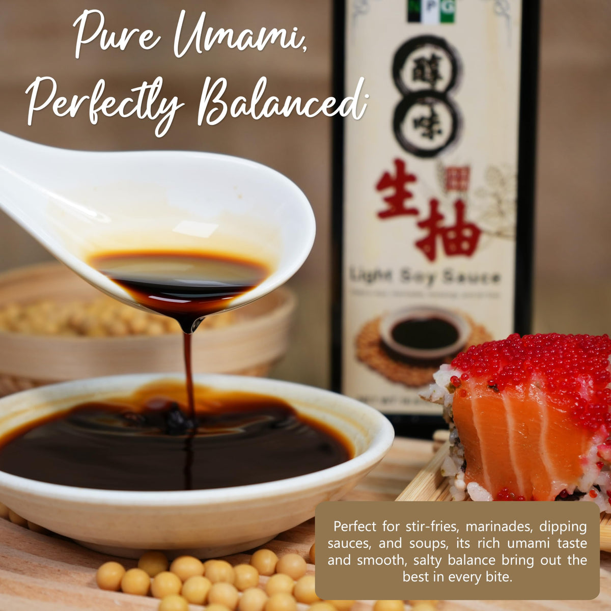 NPG dark soy sauce ideal for marinades and rich glaze on proteins