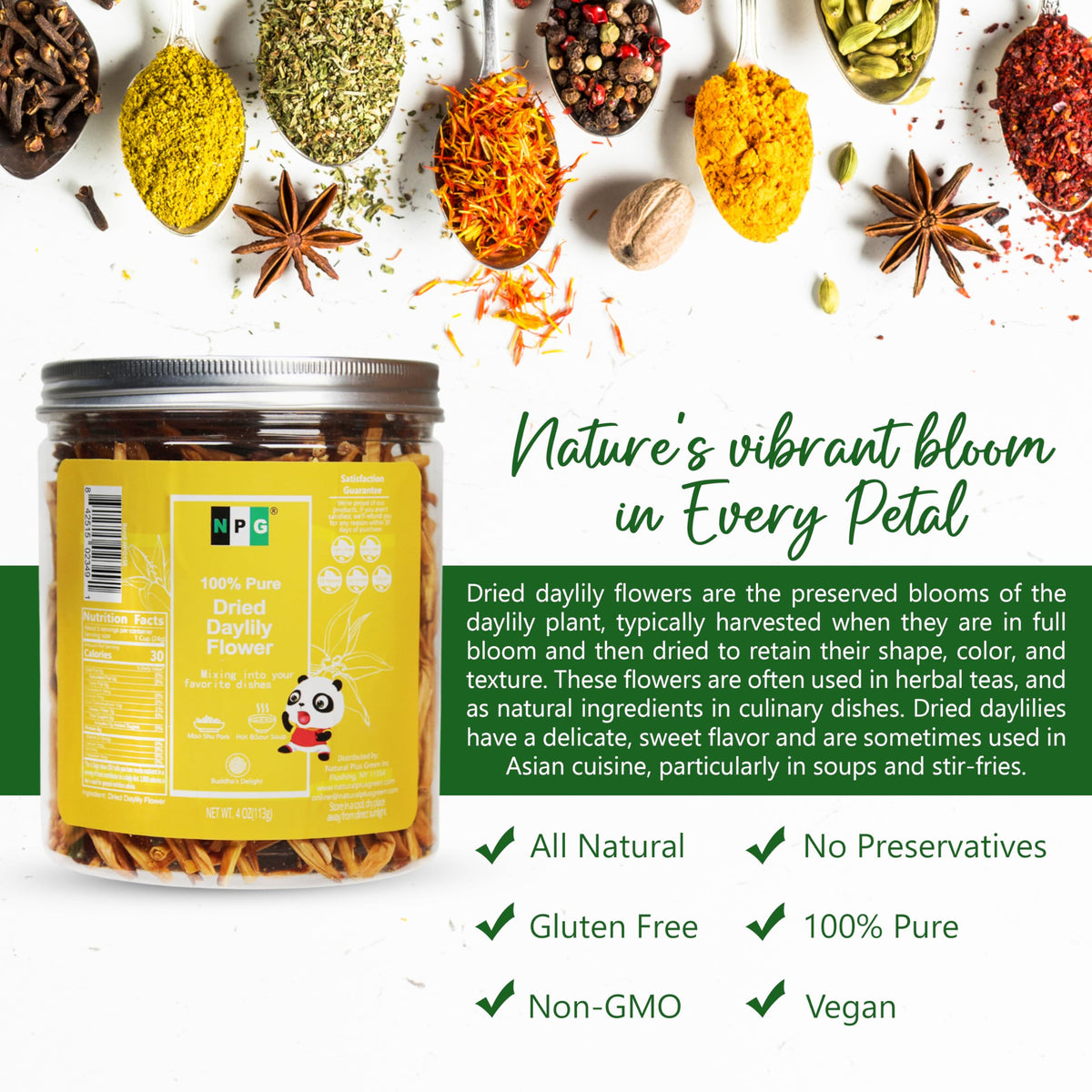 NPG Premium Dried Lily storage shows a double-sealed pouch for freshness.