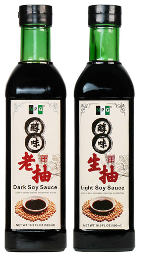 NPG premium light and dark soy sauce set in glass bottles for versatile cooking
