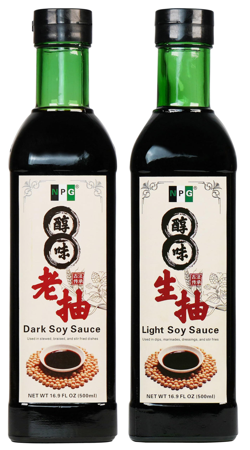NPG premium light and dark soy sauce set in glass bottles for versatile cooking
