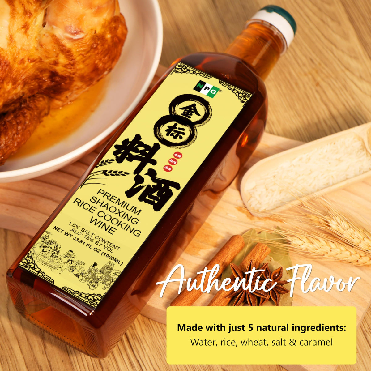 NPG Premium Shaoxing wine ingredients label closeup highlights wheat content.