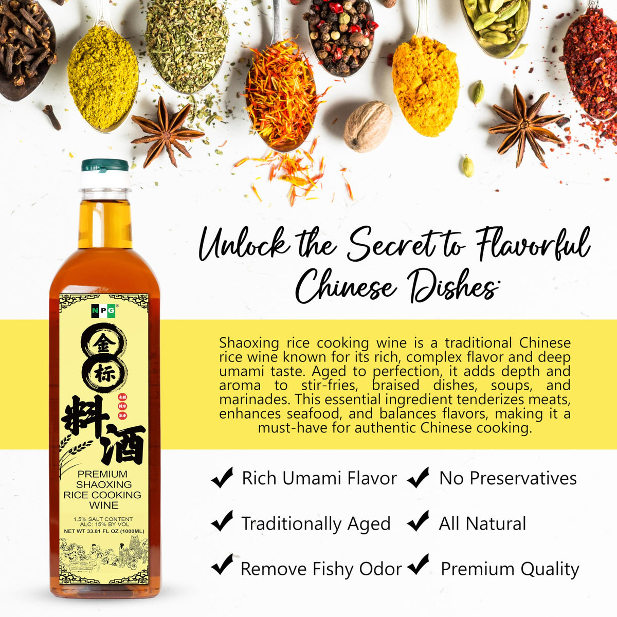 NPG Premium Shaoxing wine kitchen setup ready for authentic Chinese cooking.