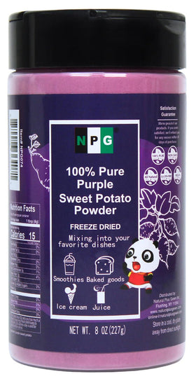 NPG purple sweet potato powder bottle shows vibrant color for baking.