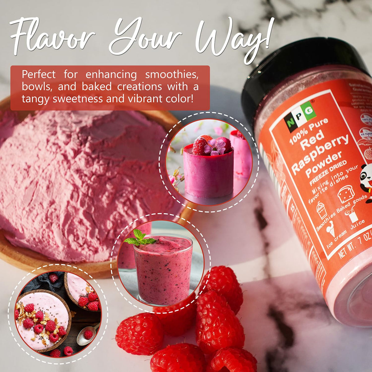 NPG raspberry powder topping on an acai bowl adds pink vibrance.