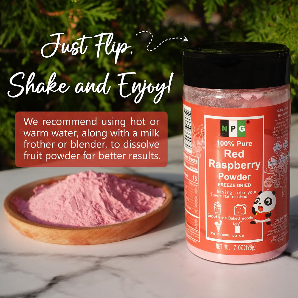 NPG raspberry powder stirred into a smoothie for vibrant taste and hue.