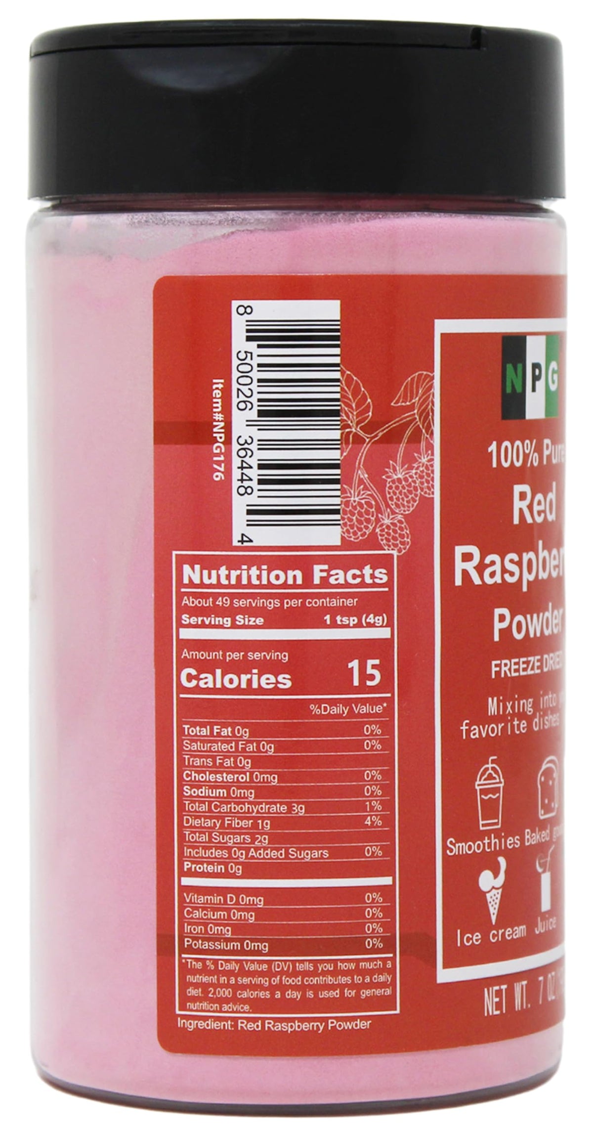 NPG raspberry powder packaging jar highlights clean, additive-free ingredients.