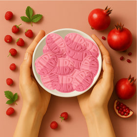 Nrdiq Candy Bubs Wild Strawberry Ovals closeup, chewy vegan gummies perfect for movie nights.