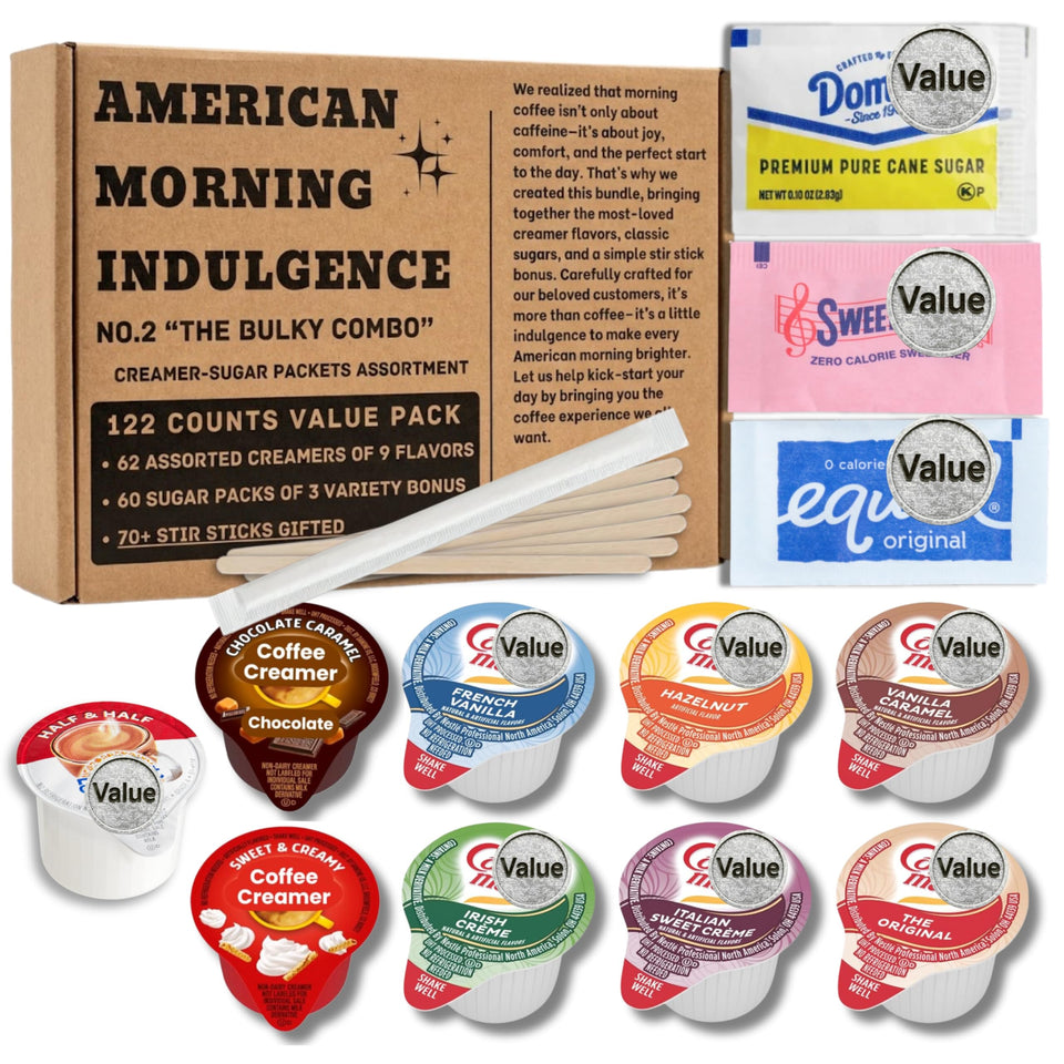 NSPARK Box 122 unboxing reveals 62 gourmet creamers and 60 sweeteners for office coffee.