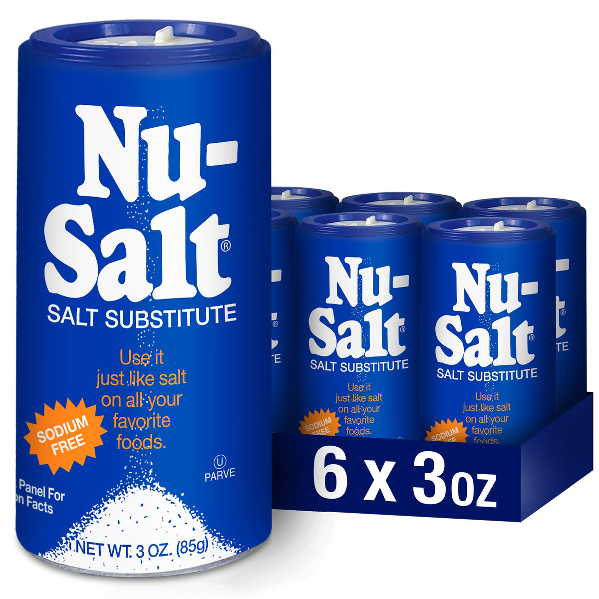 NU-SALT sodium-free salt substitute bottle shown for everyday seasoning.