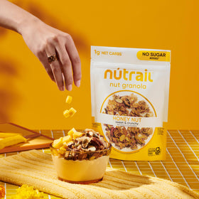 NuTrail Honey Nut Granola dry cereal bag on shelf.