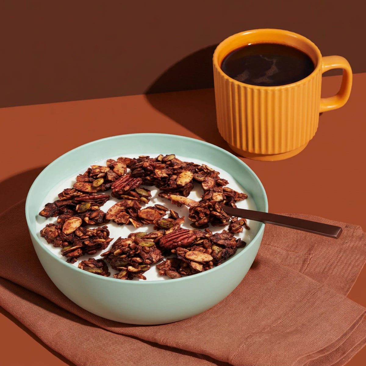 Close-up of NuTrail Nut Granola bag; no sugar added.