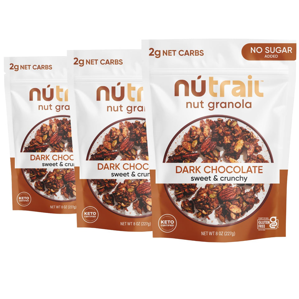 NuTrail Nut Granola dark chocolate in a bag; low sugar and keto-friendly.