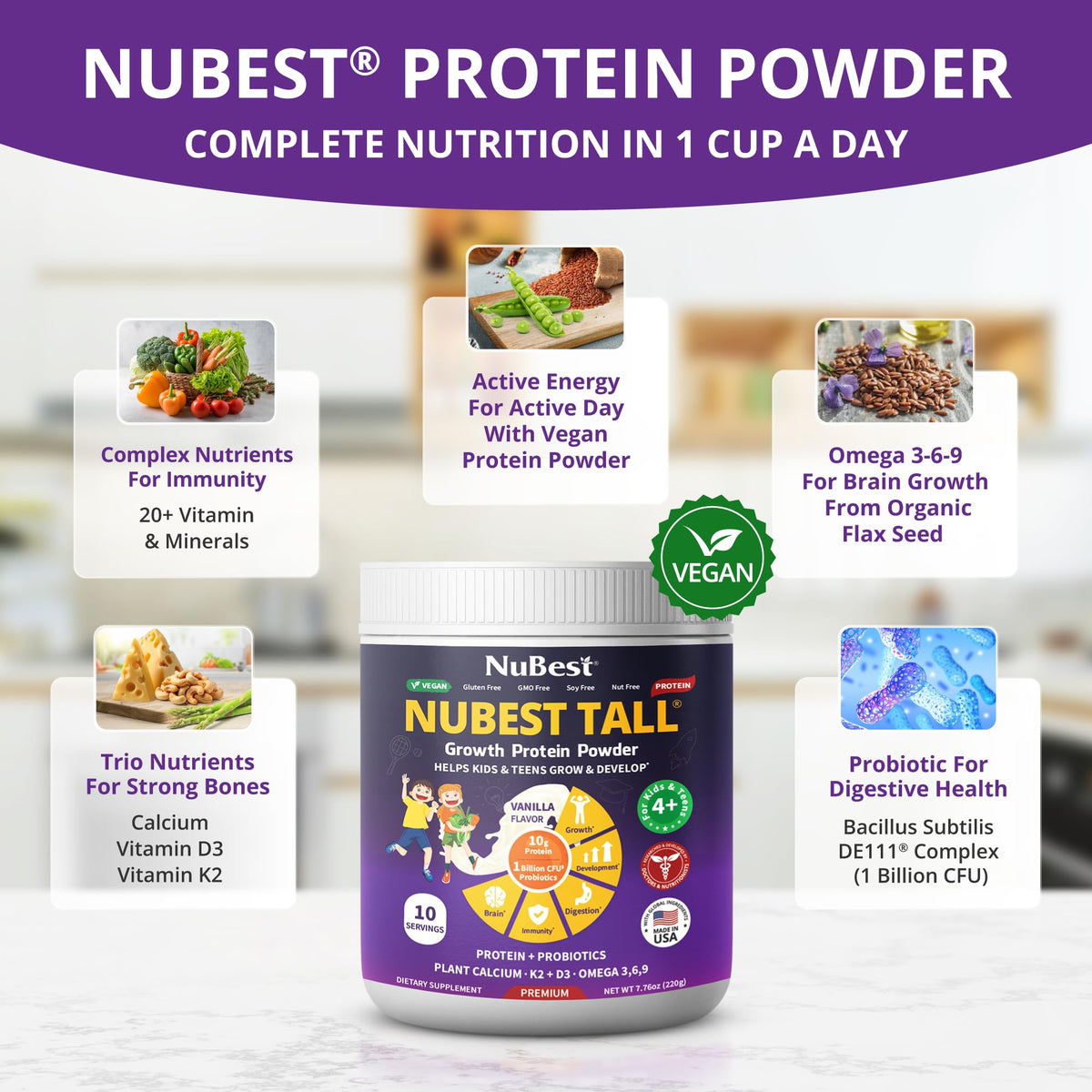 NuBest Tall probiotic bottle highlighting digestion and immune support.