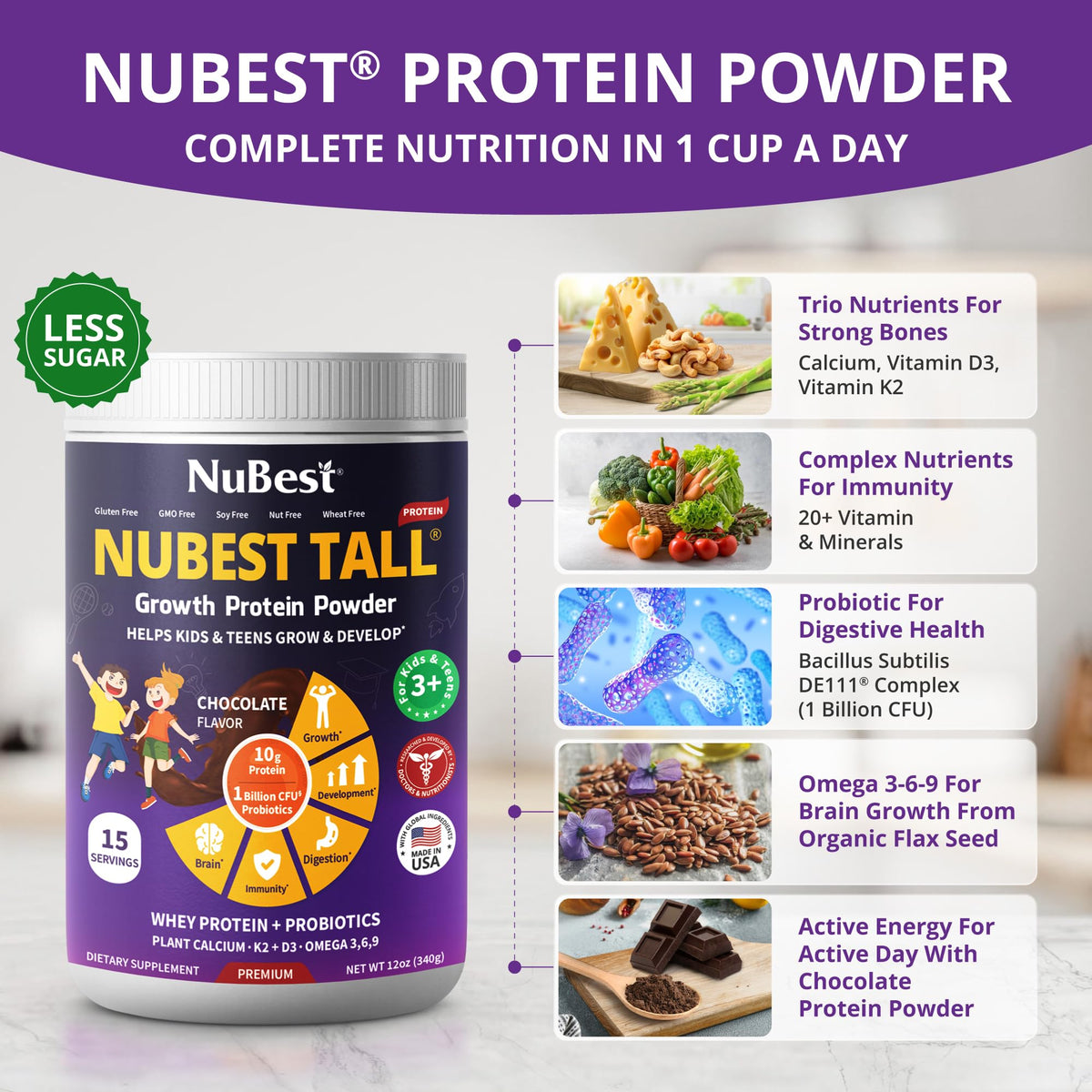 NuBest Tall Protein probiotic bottle supports digestive comfort for kids