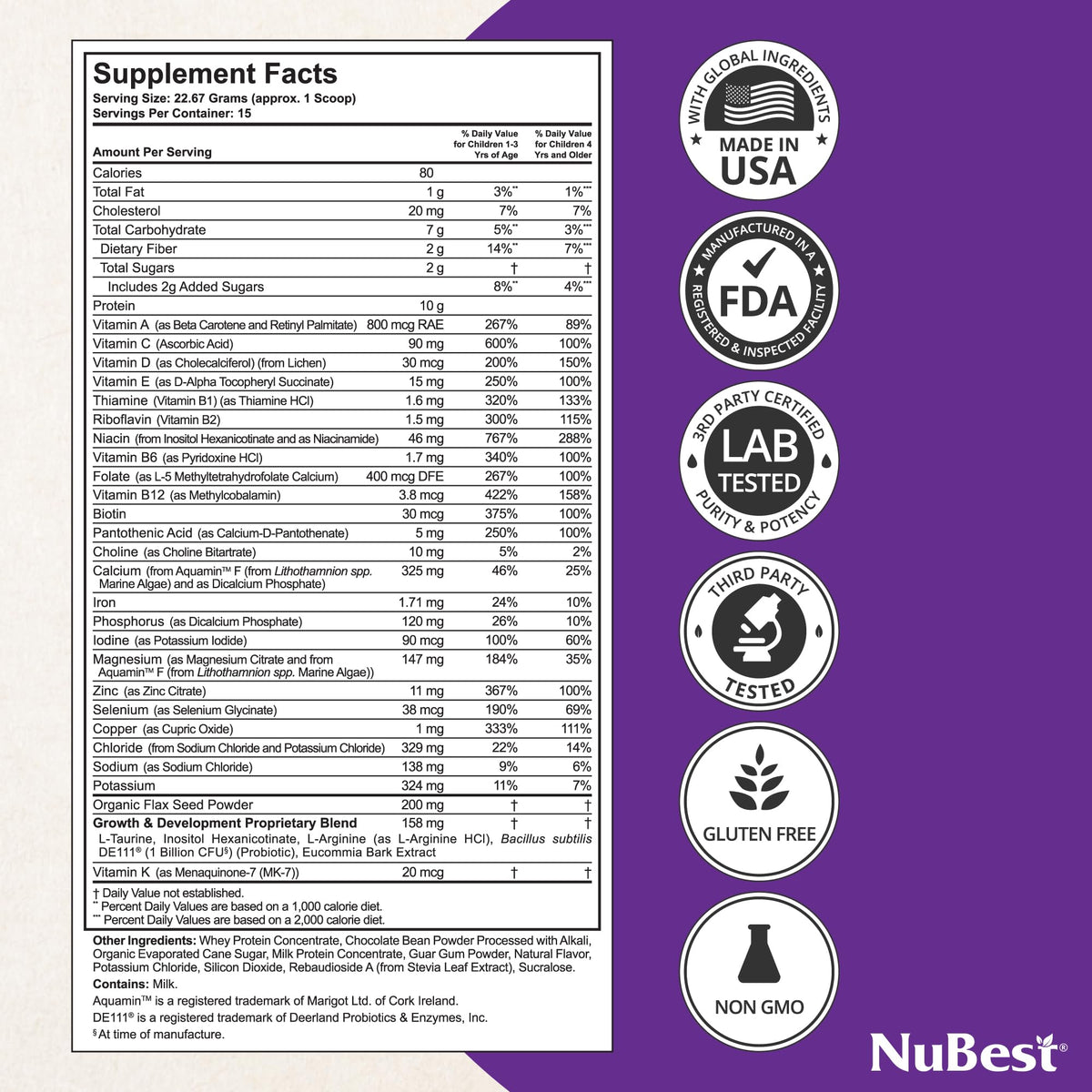 Scoop of NuBest Tall Protein beside a prepared shake