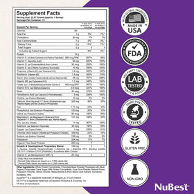 Scoop of NuBest Tall Protein beside a prepared shake