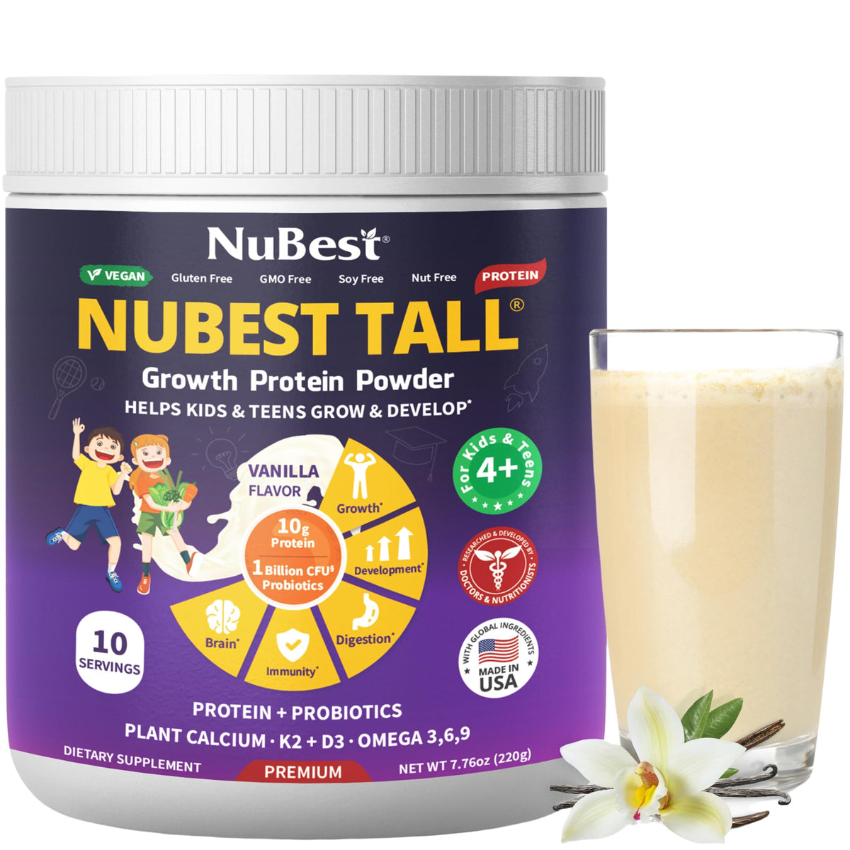 NuBest Tall vanilla protein tub displayed for daily kid nutrition and growing energy.
