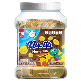 NUCITA gold-wrapped milk chocolate coins in a jar for gifting and celebrations.