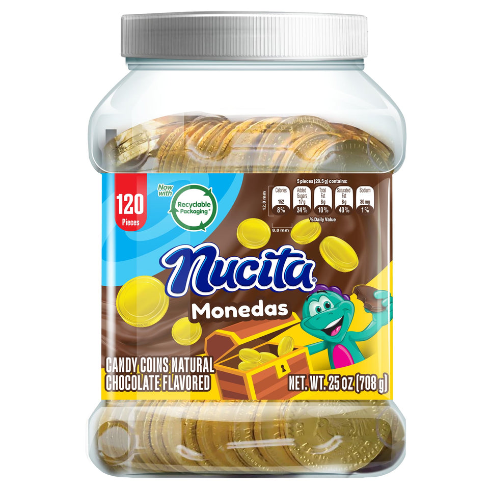 NUCITA gold-wrapped milk chocolate coins in a jar for gifting and celebrations.