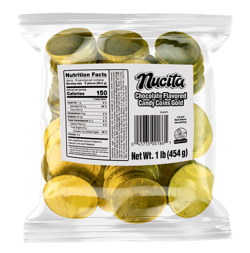 NUCITA Monedas Gold Bags packaging shows festive chocolate coins for celebrations