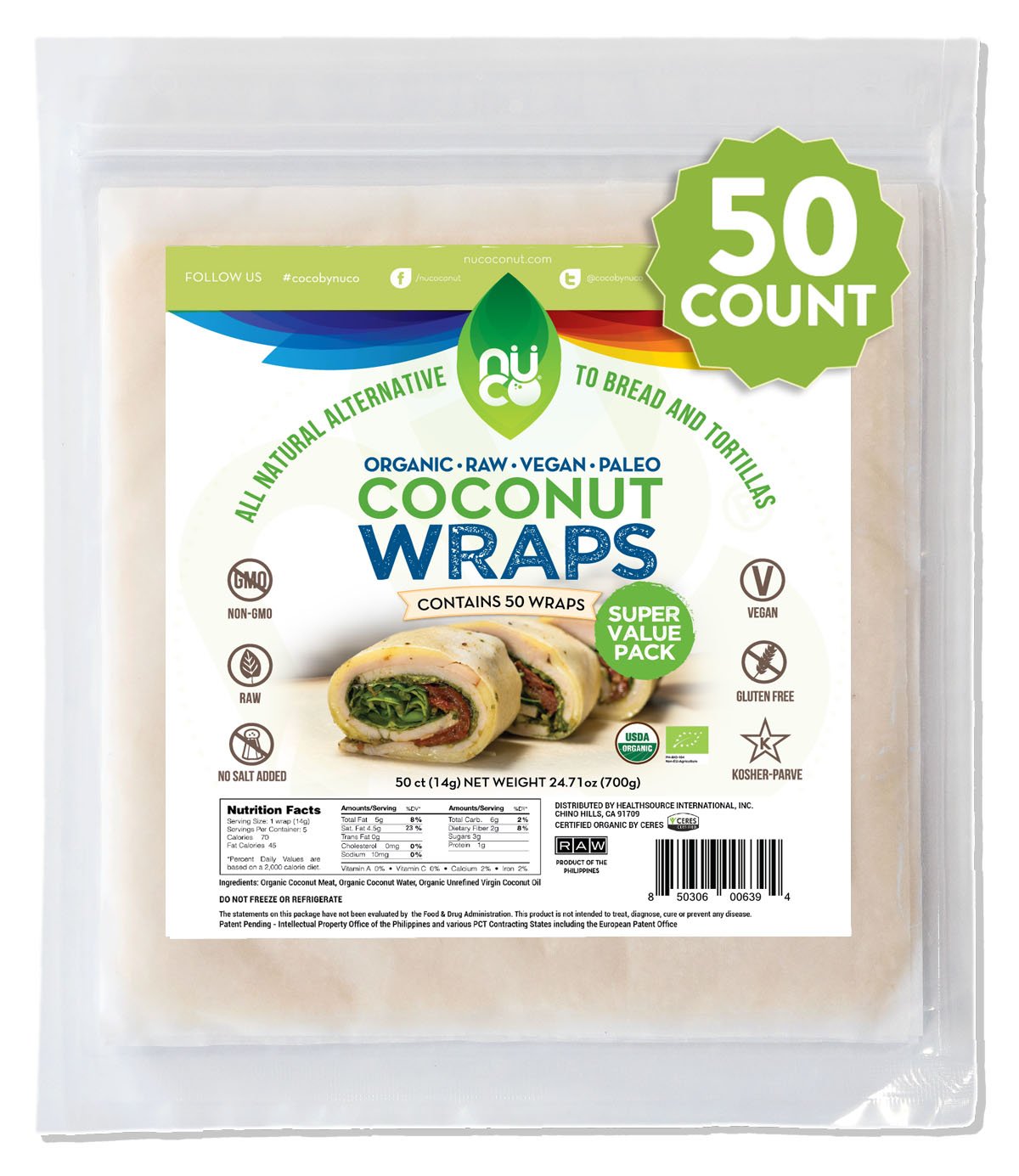 NUCO coconut wraps pack shot highlighting convenient organic 50-count packaging