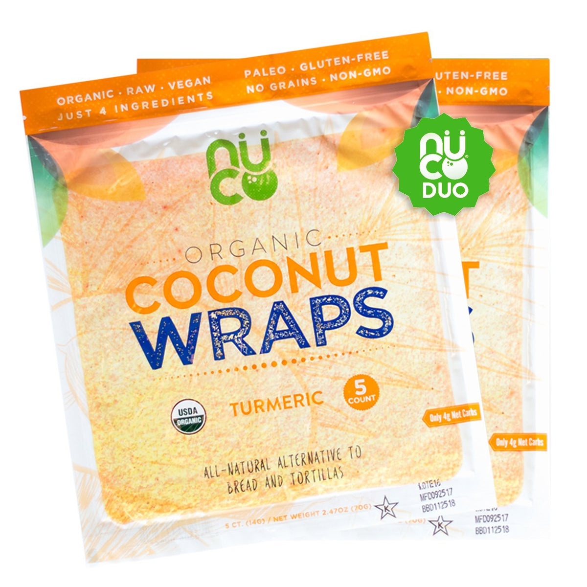 NUCO turmeric coconut wraps in open pack for quick meals.