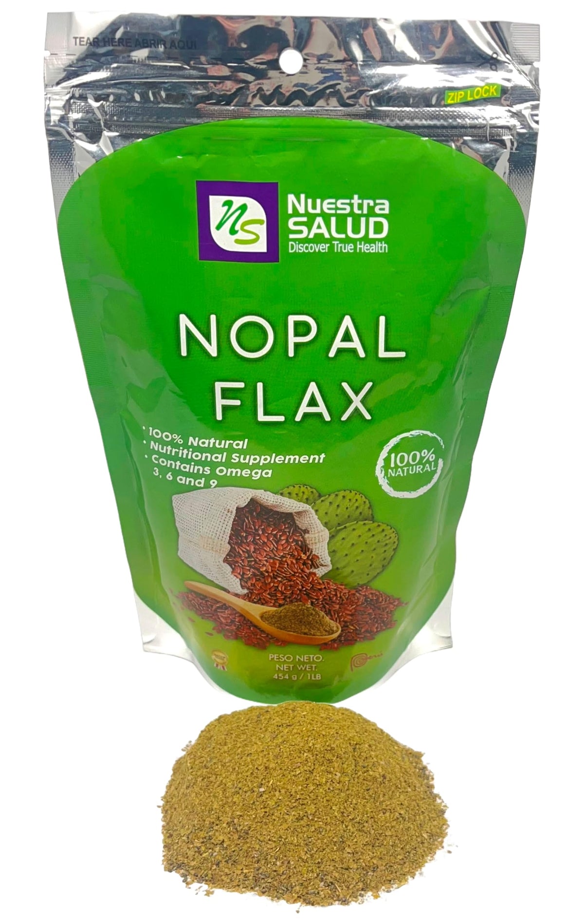 Nuestra NS Salud Nopal Flax Linaza Plus Original label highlights plant-based ingredients