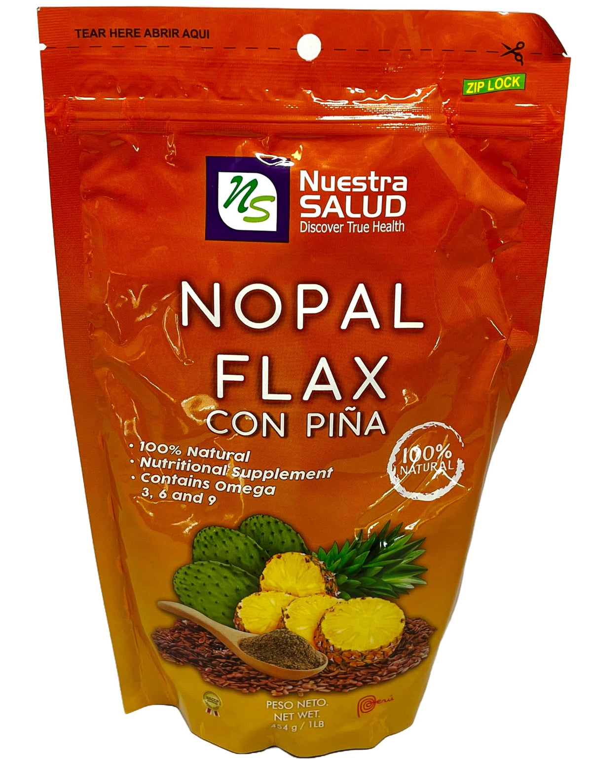 Nuestra NS Salud Nopal Flax Plus Pineapple bottle on kitchen counter supporting daily vitality.