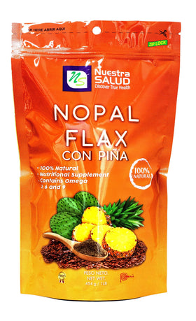 Pineapple and lucuma imagery with Nuestra NS Salud Nopal Flax Plus Pineapple suggesting tropical flavor.