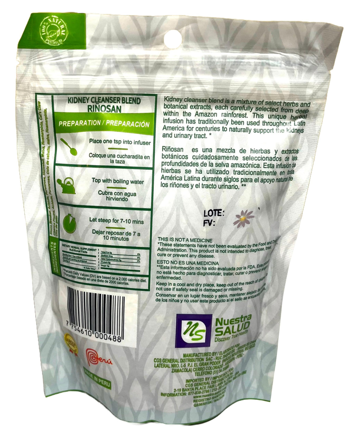 Nuestra NS Salud Zip-Lock packaging preserves tea freshness.