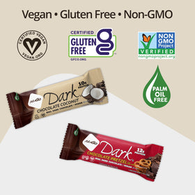 NuGo Dark Dark Coconut bars shown, offering chocolatey bite and tropical coconut flavor.