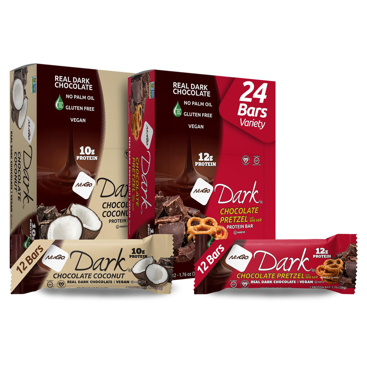 NuGo Dark Pretzel Sea Salt bars with real chocolate, perfect for a satisfying snack.