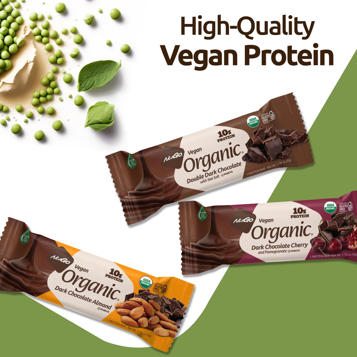 NuGo Organic Double Dark Chocolate coating close-up emphasizes no artificial sweeteners
