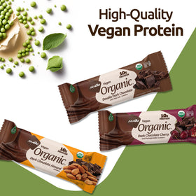 NuGo Organic Double Dark Chocolate coating close-up emphasizes no artificial sweeteners