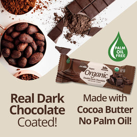 NuGo Organic Double Dark Chocolate bar back view highlights ingredients and gluten-free certification
