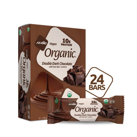 NuGo Organic Double Dark Chocolate bar front view showcases real dark chocolate and 10g vegan protein