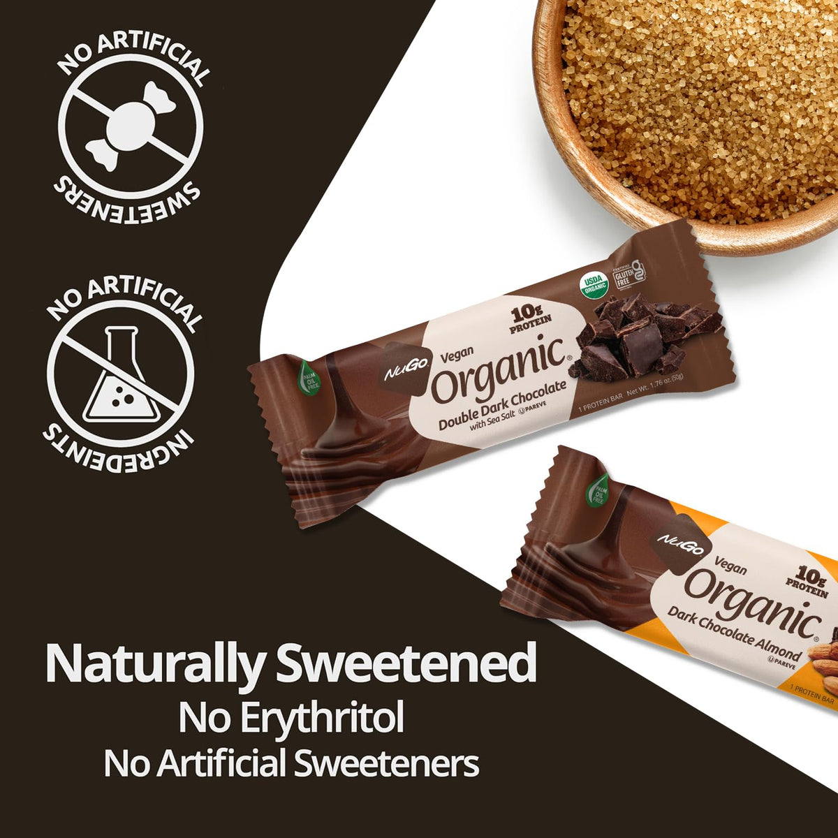 NuGo Organic Double Dark Chocolate bar displays plant-based protein from rice and pea
