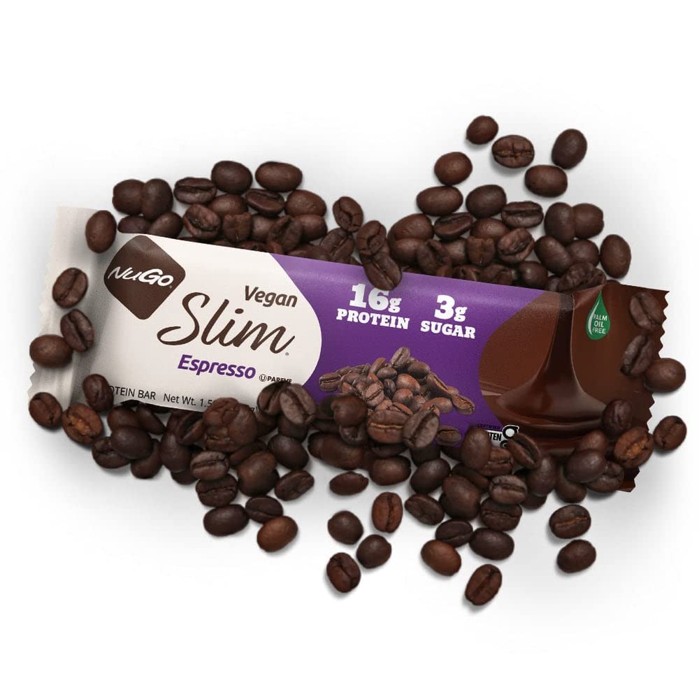 NuGo Slim Dark Chocolate Espresso certifications confirm gluten-free and vegan status.