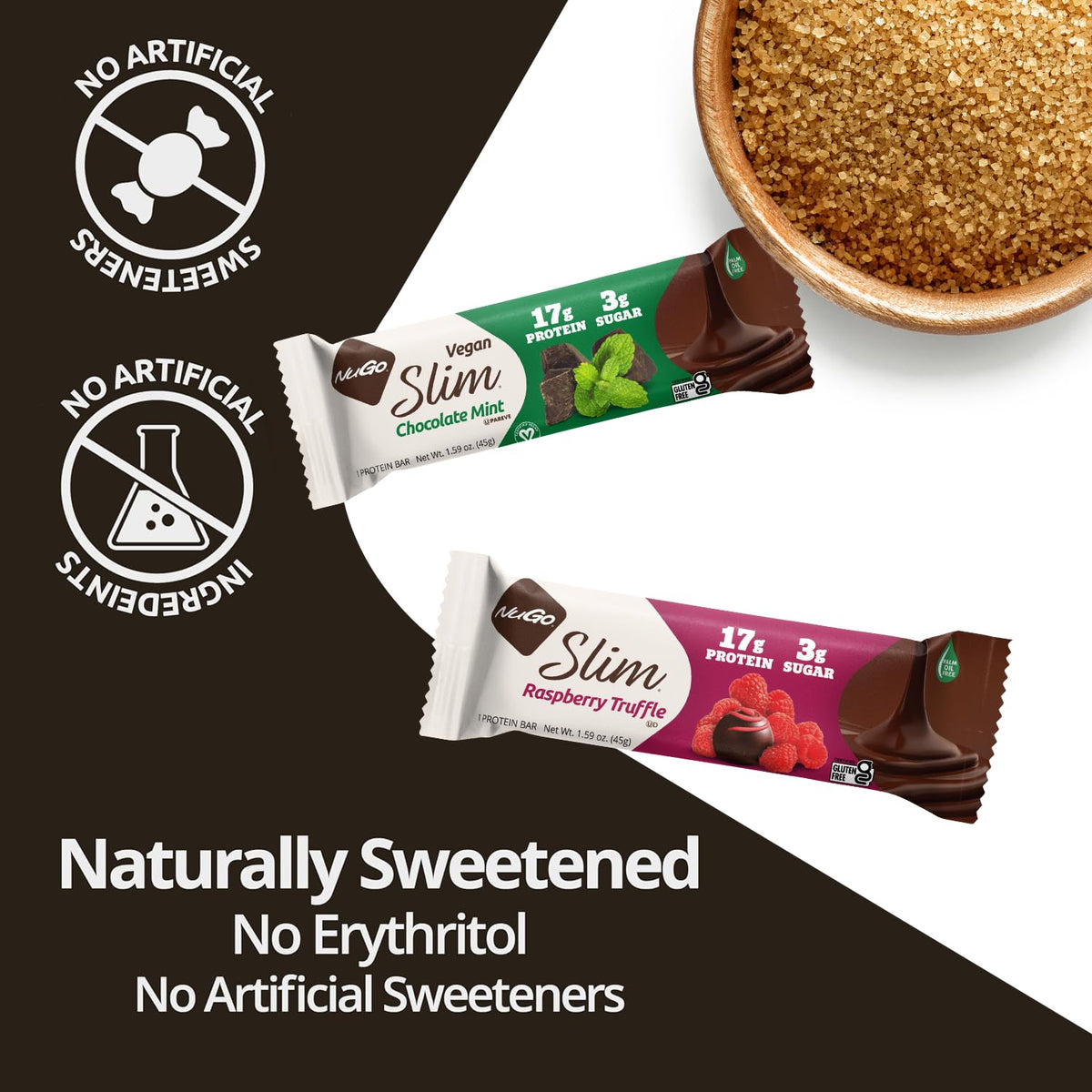 NuGo Slim Dark Chocolate Espresso nutrition panel highlights 16-17g protein and low sugar.
