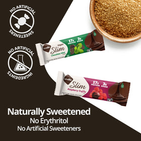 NuGo Slim Dark Chocolate Espresso nutrition panel highlights 16-17g protein and low sugar.