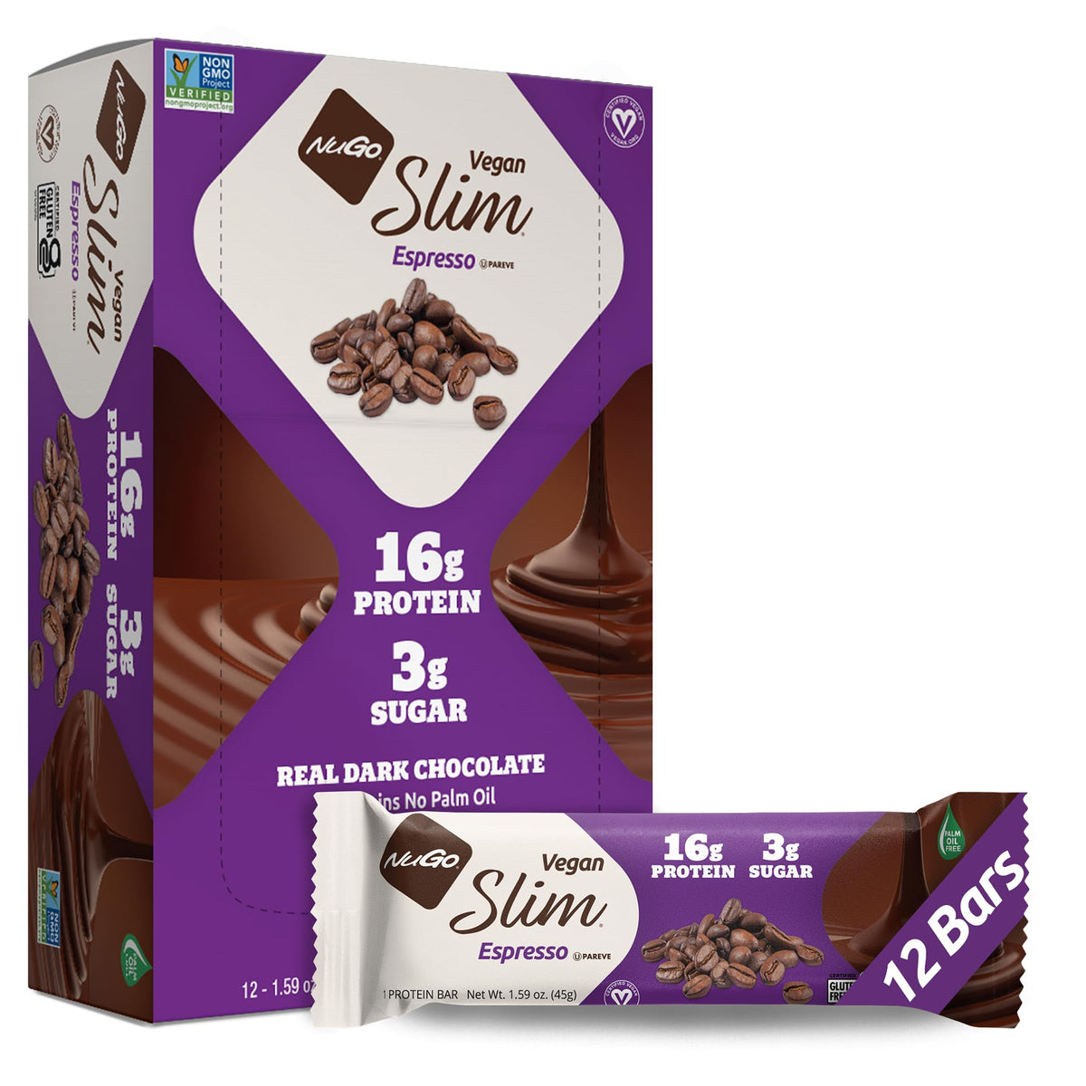 NuGo Slim Dark Chocolate Espresso packaging highlights gluten-free vegan protein for on-the-go.