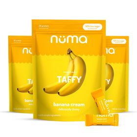 Numa Banana Taffy Candy packaging front signals gluten-free, on-the-go snacking with natural ingredients.