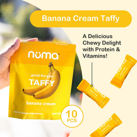 Numa Banana Taffy individually wrapped chews highlight portion-controlled snacks for gym, travel, or work.