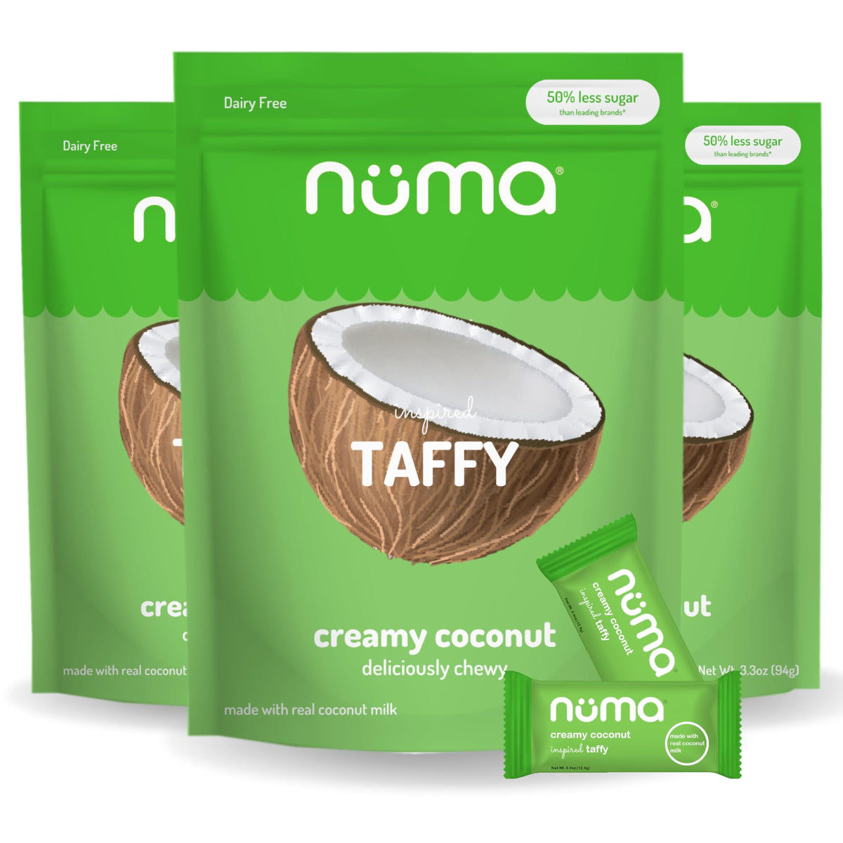 Numa Foods coconut taffy candy, individually wrapped for on-the-go snacking