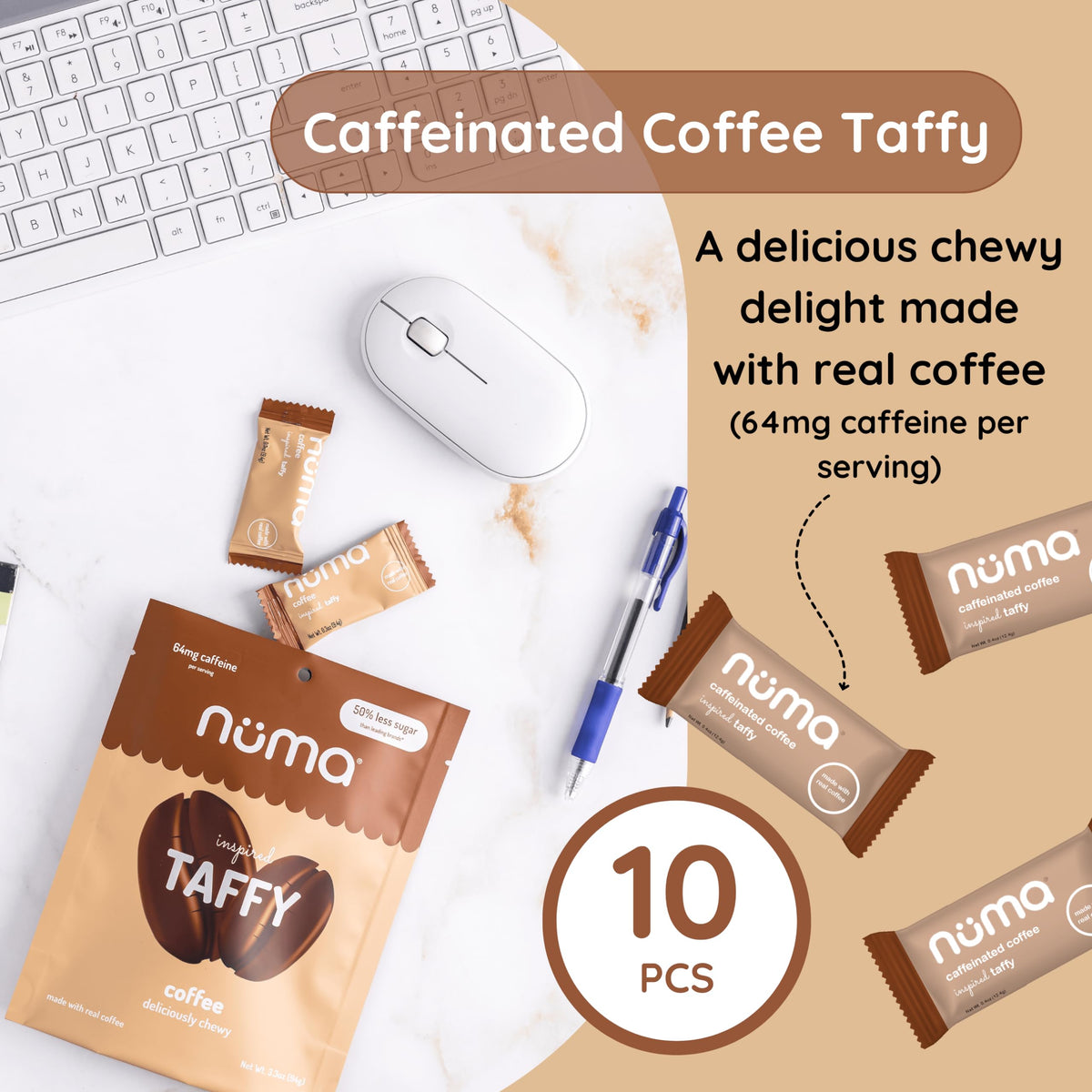 Numa Coffee Chews pack shows 10 candies per bag for easy portioning.