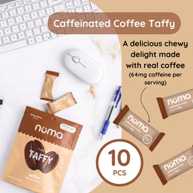 Numa Coffee Chews pack shows 10 candies per bag for easy portioning.