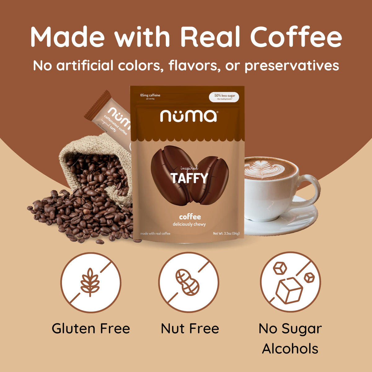 Close-up of Numa Coffee Chews highlighting chewy texture and natural ingredients.