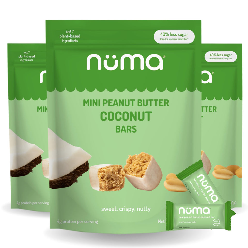 Numa Foods mini coconut peanut butter bars close-up—crunchy texture for a protein-rich snack.