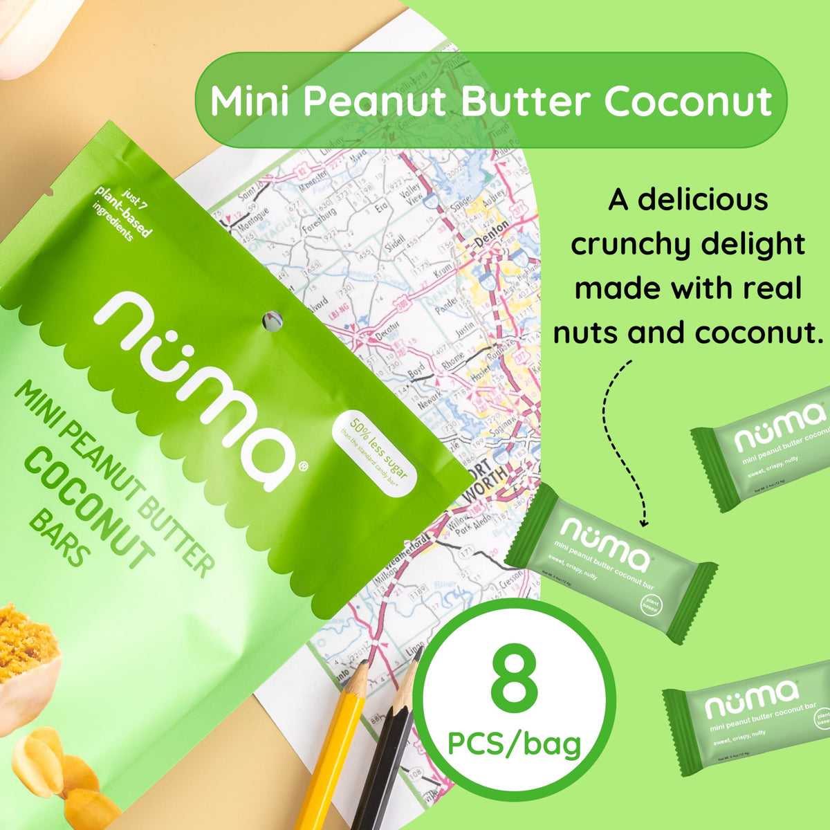 Numa Foods mini coconut peanut butter bars wrapped individually—portable vegan treat.